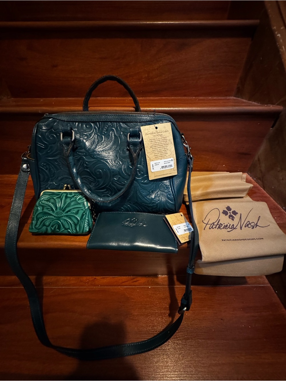 Patricia Nash Teal Embossed Leather Satchel with Wallet and Coin Purse